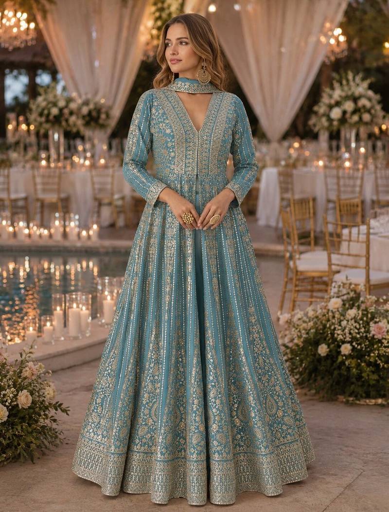 Blue chinon free size stitched anarkali suits with embroidery & sequence work