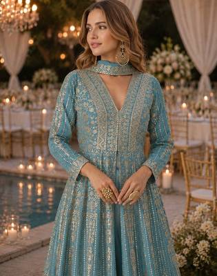 Blue chinon free size stitched anarkali suits with embroidery & sequin work 2