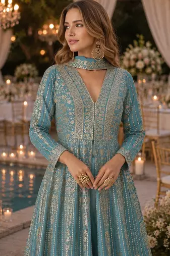 Blue chinon free size stitched anarkali suits with embroidery & sequence work