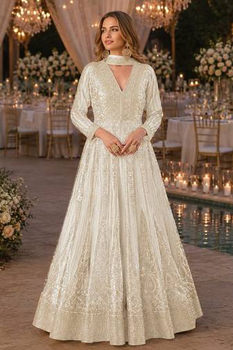 White chinon free size stitched anarkali suits with embroidery & sequence work