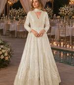 White chinon free size stitched anarkali suits with embroidery & sequence work
