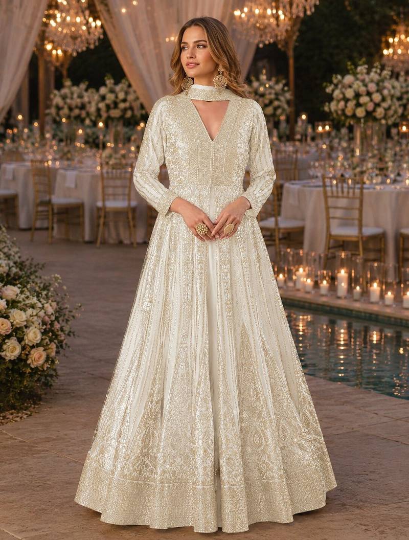 White chinon free size stitched anarkali suits with embroidery & sequence work