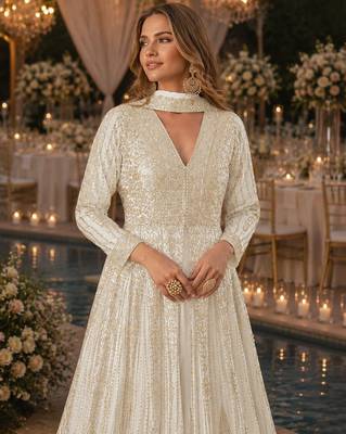 White chinon free size stitched anarkali suits with embroidery & sequin work 2