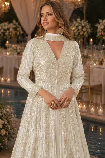 White chinon free size stitched anarkali suits with embroidery & sequence work