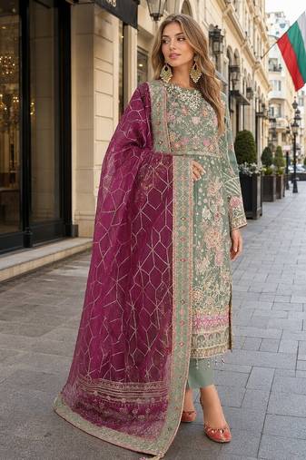 Green chiffon semi stitched suit with embroidery & sequence work