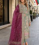 Green chiffon semi stitched suit with embroidery & sequence work