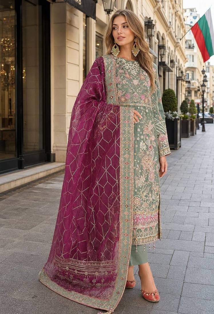 Green chiffon semi stitched suit with embroidery & sequence work