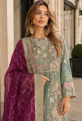 Green chiffon suit with embroidery & sequin work 2