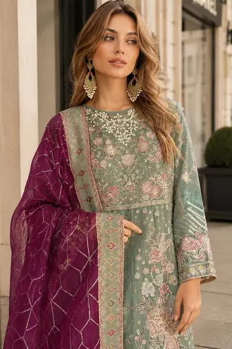 Green chiffon semi stitched suit with embroidery & sequence work