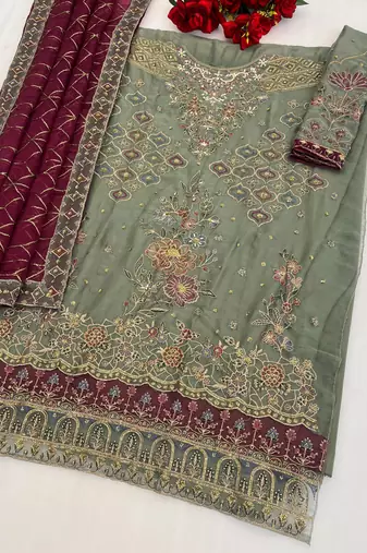 Green chiffon semi stitched suit with embroidery & sequence work