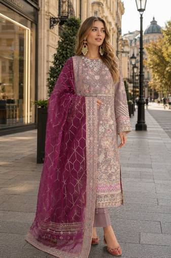 Brown chiffon semi stitched suit with embroidery & sequence work