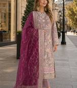 Brown chiffon semi stitched suit with embroidery & sequence work