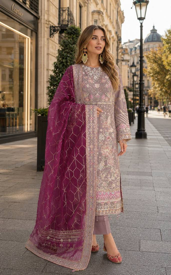 Brown chiffon semi stitched suit with embroidery & sequence work