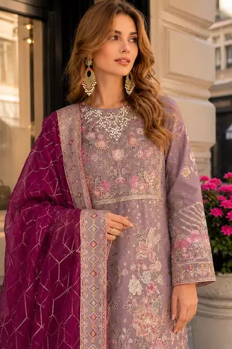 Brown chiffon semi stitched suit with embroidery & sequence work