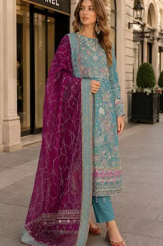 Blue chiffon semi stitched suit with embroidery & sequence work