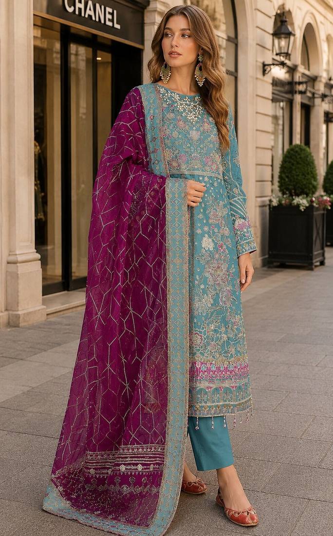 Blue chiffon semi stitched suit with embroidery & sequence work