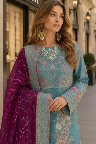 Blue chiffon semi stitched suit with embroidery & sequence work