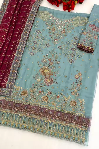 Blue chiffon semi stitched suit with embroidery & sequence work