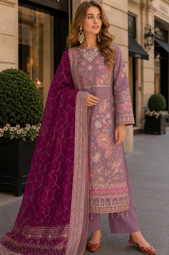 Purple chiffon semi stitched suit with embroidery & sequence work