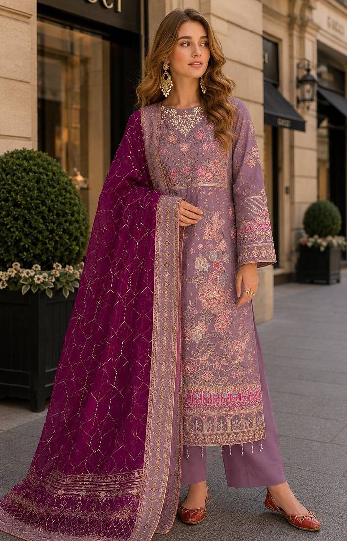 Purple chiffon semi stitched suit with embroidery & sequence work