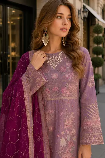 Purple chiffon semi stitched suit with embroidery & sequence work