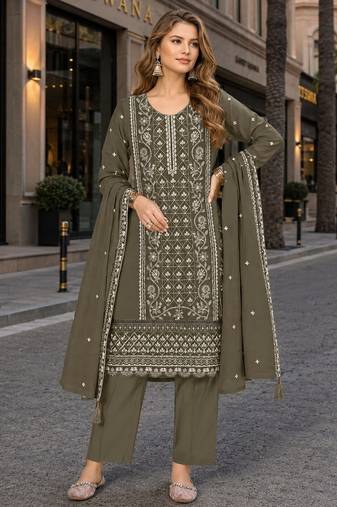 Mehendi chiffon semi stitched suit with embroidered & sequence work