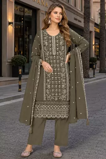 Mehendi chiffon semi stitched suit with embroidered & sequence work