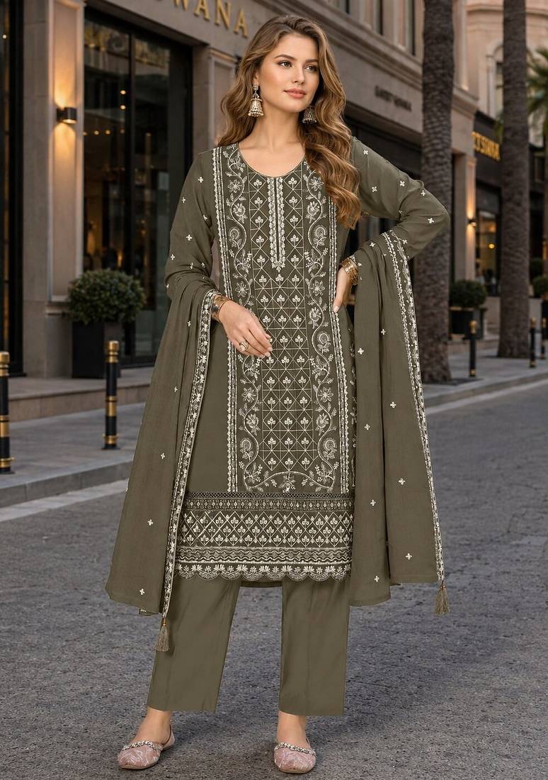 Mehendi chiffon semi stitched suit with embroidered & sequence work