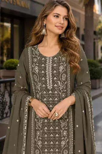 Mehendi chiffon semi stitched suit with embroidered & sequence work