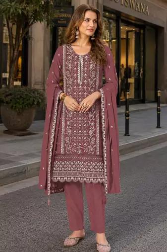 Peach chiffon semi stitched suit with embroidered & sequence work