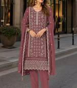Peach chiffon semi stitched suit with embroidered & sequence work