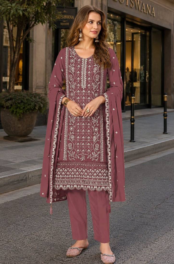Peach chiffon semi stitched suit with embroidered & sequence work