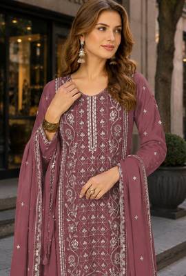 Peach chiffon semi stitched suit with embroidered & sequin work 2