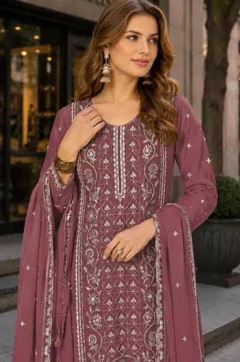 Peach chiffon semi stitched suit with embroidered & sequence work