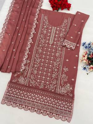 Peach chiffon semi stitched suit with embroidered & sequin work 3