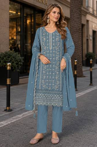 Blue chiffon semi stitched suit with embroidered & sequence work