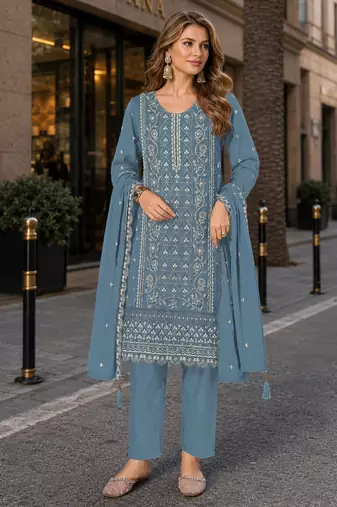 Blue chiffon semi stitched suit with embroidered & sequence work