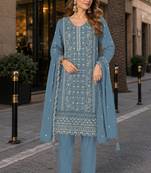 Blue chiffon semi stitched suit with embroidered & sequence work