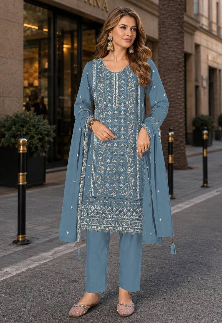 Blue chiffon semi stitched suit with embroidered & sequence work