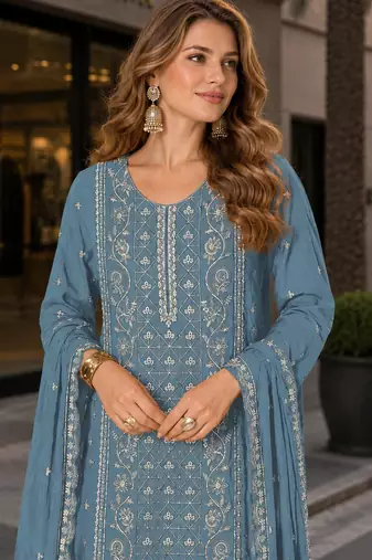 Blue chiffon semi stitched suit with embroidered & sequence work