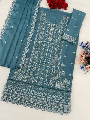 Blue chiffon semi stitched suit with embroidered & sequin work 3
