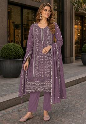 Purple chiffon semi stitched suit with embroidered & sequin work 1