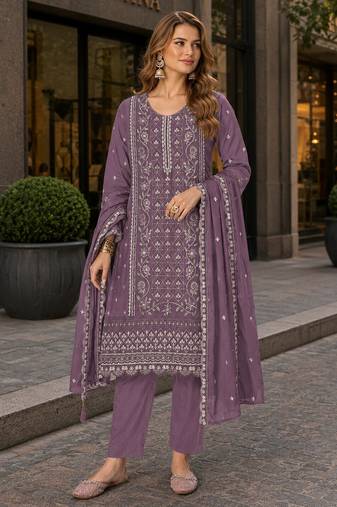 Purple chiffon semi stitched suit with embroidered & sequence work
