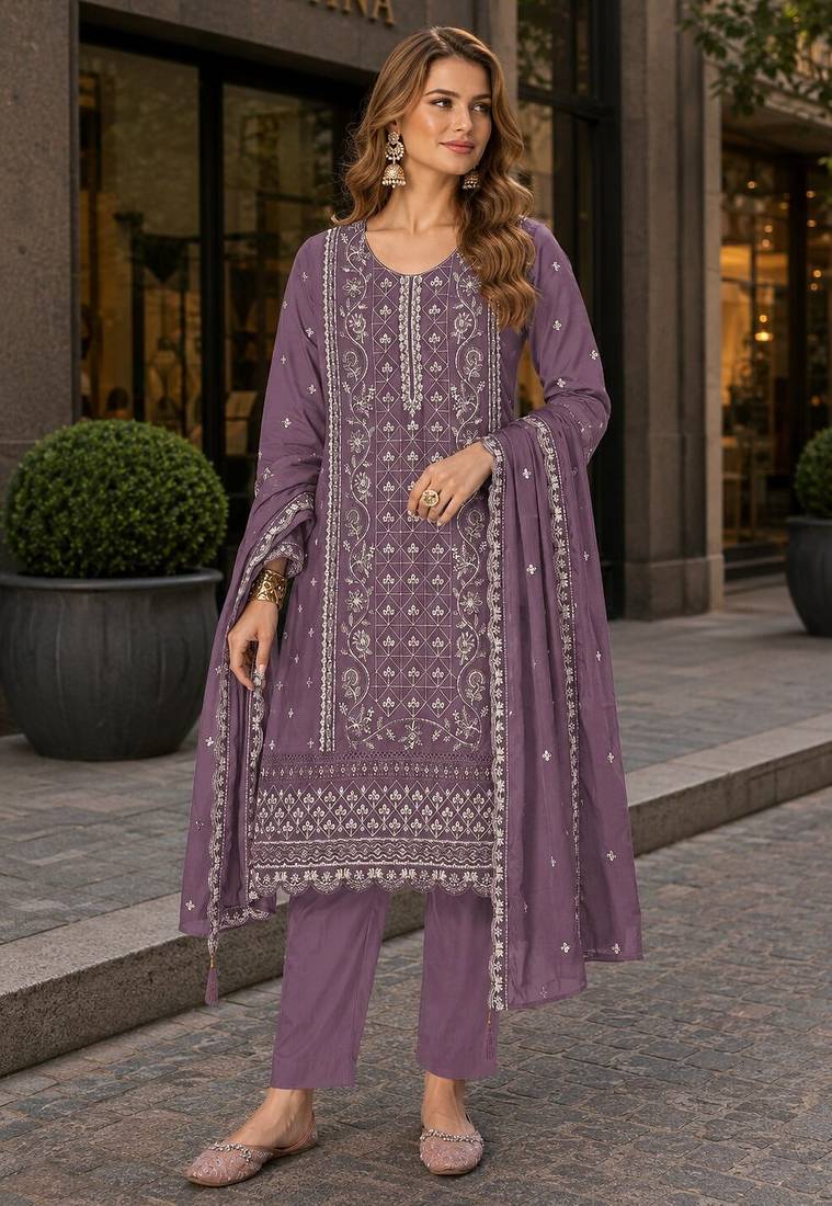 Purple chiffon semi stitched suit with embroidered & sequence work