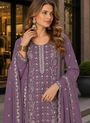 Purple chiffon semi stitched suit with embroidered & sequin work 2