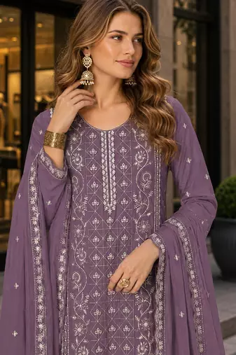 Purple chiffon semi stitched suit with embroidered & sequence work