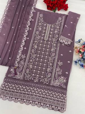 Purple chiffon semi stitched suit with embroidered & sequin work 3
