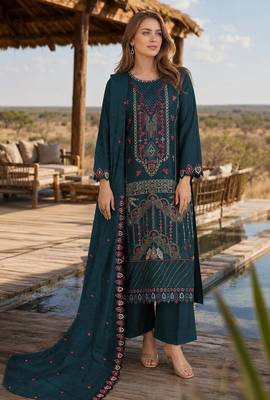 Teal silk suit with embroidered & sequin work 1