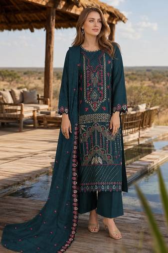 Teal silk semi stitched suit with embroidered & sequence work