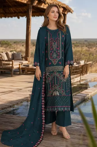 Teal silk semi stitched suit with embroidered & sequence work
